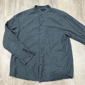 COS Shirt Men's XL Gray Ginhgam Checkered Band Collarless Button Flannel Shirt